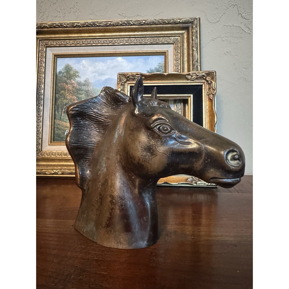 Vintage MCM Bronze Horse Head Bookend Equestrian Statue Bust Art Deco 1960s